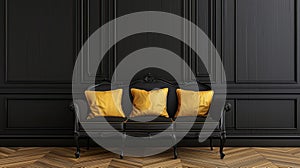 a black sofa adorned with opulent golden cushions, nestled within a modern interior, evoking the allure of Black Friday