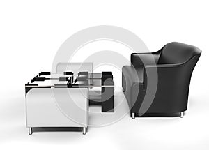 Black sofa with white ottomans on the side and coffee tables in front of it