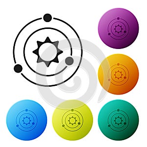Black Solar system icon isolated on white background. The planets revolve around the star. Set icons in color circle