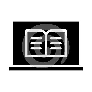 Black solid icon e learning, open book and laptop.