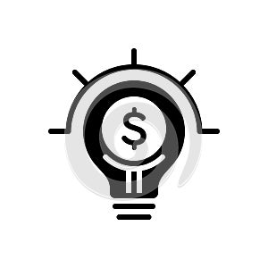 Black solid icon for Lightbulb On With Dollar Sign, commerical and idea