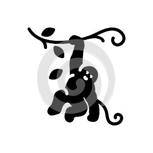 Black solid icon for Monkey On Tree, monkey and hang