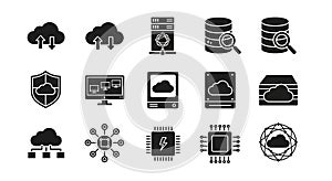 Black Solid Icons Set for Cloud Computing Data Storage Server and Network Security Concepts