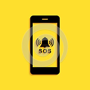 Black SOS call icon isolated on yellow background. 911, emergency, help, warning, alarm. Long shadow style. Vector