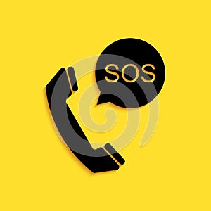 Black SOS call icon isolated on yellow background. 911, emergency, help, warning, alarm. Long shadow style. Vector