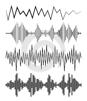 Black sound waves logos, audio symbols on white. Modern music equalizer elements set. Vector waveform