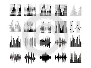 Black sound waves. Music audio frequency, voice line waveform, electronic radio signal, volume level symbol. Vector