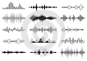 Black sound waves. Music audio frequency, voice line waveform, electronic radio signal, volume level symbol. Vector photo