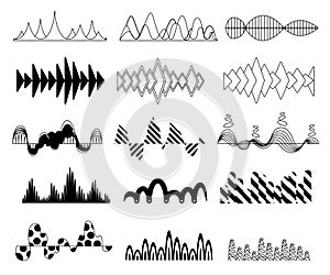 Black sound waves set, audio digital equalizer technology, musical pulse vector Illustrations on a white background