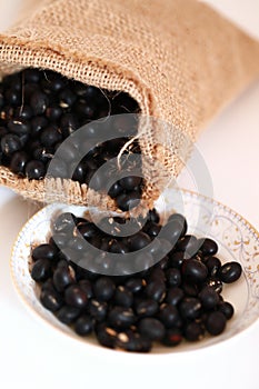 Black soya bean in burlap sack