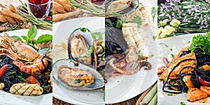 Black spaghetti collage of various plates