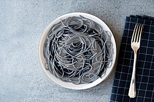 Black Spaghetti Pasta Flavored with Squid ink Cuttlefish or Inkfish.