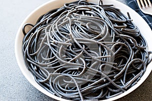 Black Spaghetti Pasta Flavored with Squid ink Cuttlefish or Inkfish.