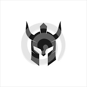 black spartan helmet warrior with a pair of horn vector icon logo design