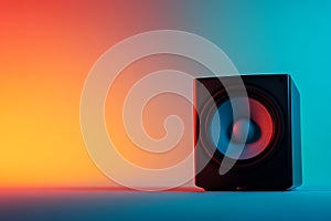 A black speaker is sitting on a table