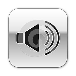 Black Speaker volume, audio voice sound symbol, media music icon isolated on white background. Silver square button. Vector