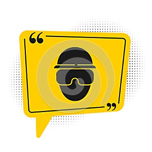 Black Special forces soldier icon isolated on white background. Army and police symbol of defense. Yellow speech bubble