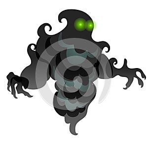 Black specter in the form of clouds of smoke with luminous eyes isolated on white background. Vector cartoon close-up