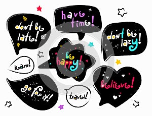 Black speech bubbles set with lettering phrases