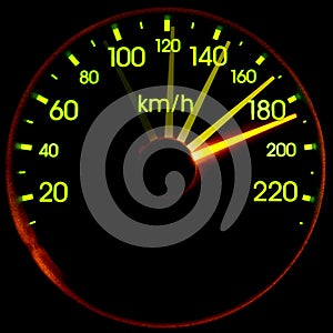 Black speedometer with hand indicating speed