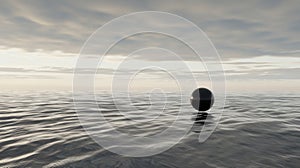 A black sphere floats in the ocean, casting a reflection on the water's surface.