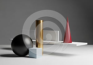 A black sphere, gold cylinder, and light blue cube are in the