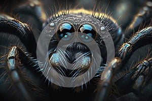 Black spider, close-up. Terrible dangerous obligate predator. Illustration created by generative ai