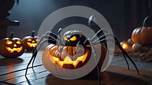 A black spider with a glossy, almost metallic sheen crawls across a large web that is draped over a carved Halloween pumpkin. The photo