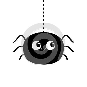 Black spider silhouette hanging on dash line web. Funny insect. Big eyes. Cute cartoon baby character. Happy Halloween. Flat mater