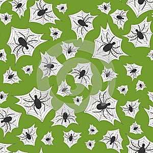 Black spider sits on a web on a green background. Seamless patterns. Halloween symbols. Watercolor illustration.