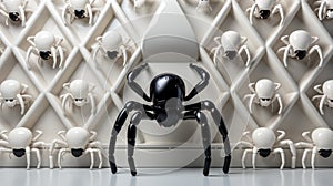 A black spider sitting in front of a wall of white skulls. Generative AI image.