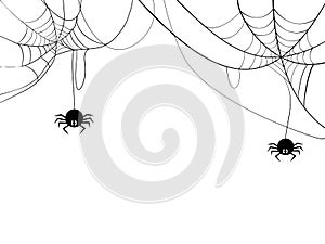 Black spider and spider web. Scary spiderweb of halloween symbol. Isolated on white background. vector illustration