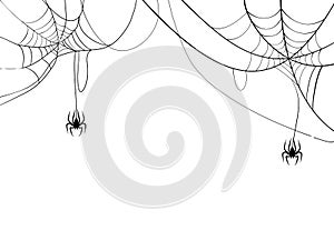 Black spider and spider web. Scary spiderweb of halloween symbol. Isolated on white background. vector illustration