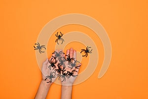 Black spiders in the hands of a child on an orange background.Halloween concept.Halloween card.Arachnophobia