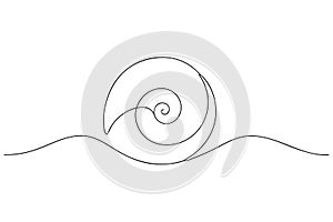 Black spiral shell on white background with wavy line