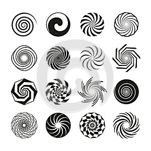 Black spirals set. Round simple spiral ornaments, rough circle swirling elements. Swirl icons, hypnosis twirl for logo