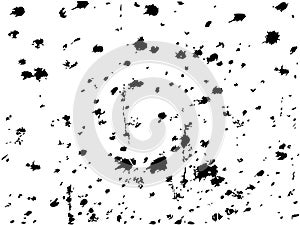Black splatter blots on white background. Dark stains dirt scattered randomly on clean surface