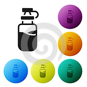 Black Sport bottle with water icon isolated on white background. Set icons in color circle buttons. Vector