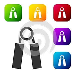 Black Sport expander icon isolated on white background. Sport equipment. Set icons in color square buttons. Vector