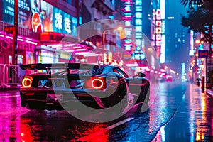 Black sports car is driving down wet city street at night with neon lights in the background. Generative AI