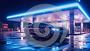 A black sports car parked at a futuristic gas station at night and car is sleek and shiny, and the gas station