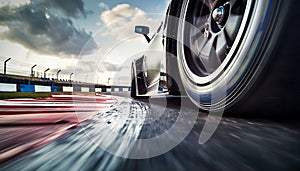 Black sports car speeding on a race track with a blurred background