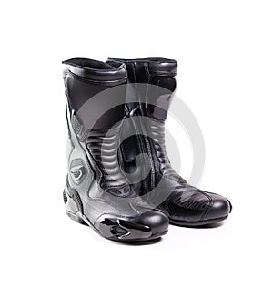 Black sports motorcycle boots. Isolated on a white background