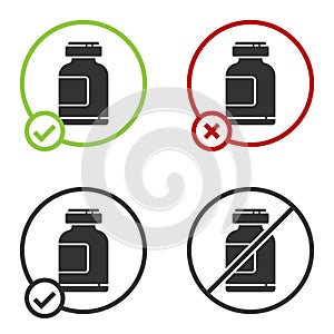 Black Sports nutrition bodybuilding proteine power drink and food icon isolated on white background. Circle button