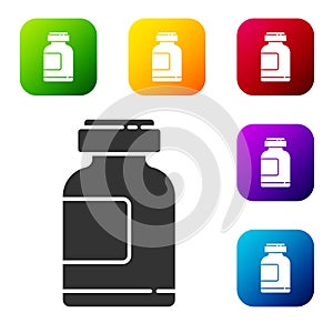 Black Sports nutrition bodybuilding proteine power drink and food icon isolated on white background. Set icons in color