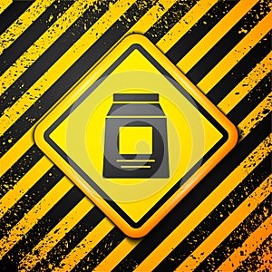 Black Sports nutrition bodybuilding proteine power drink and food icon isolated on yellow background. Warning sign