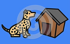 A black spotted light brown dog in front of a dog house kennel light blue turquoise backdrop