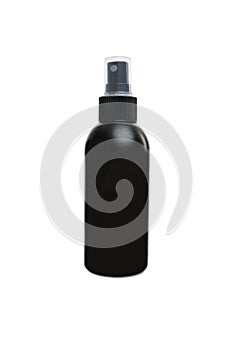 Black spray bottle. Cosmetics and medicine. Space for text. Isolated on white background. Vertical
