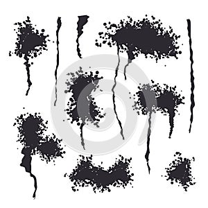 Black Spray Isolated Vector. Grunge Effect, Spread Texture. Abstract Paint Blots On White Background Illustration