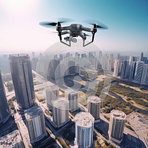 Black spy drone weapon flying under city and filming landscape. Military technology, buildings, civilian town, blue
